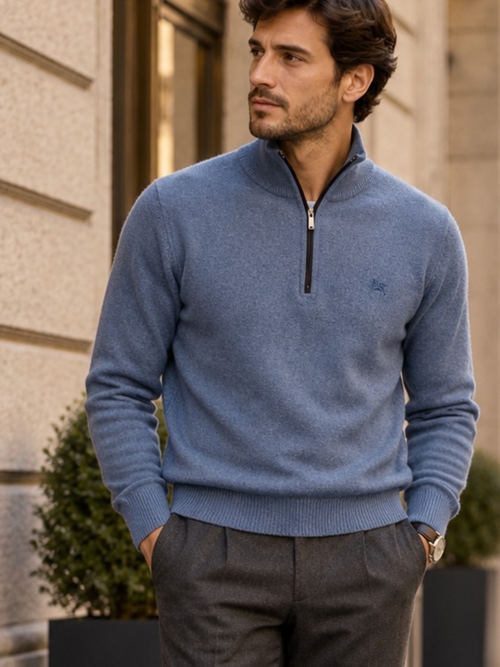 Pal Zileri Italy Wool Cashmere 1/4 Zip Sweater Elbow Patch Mens L